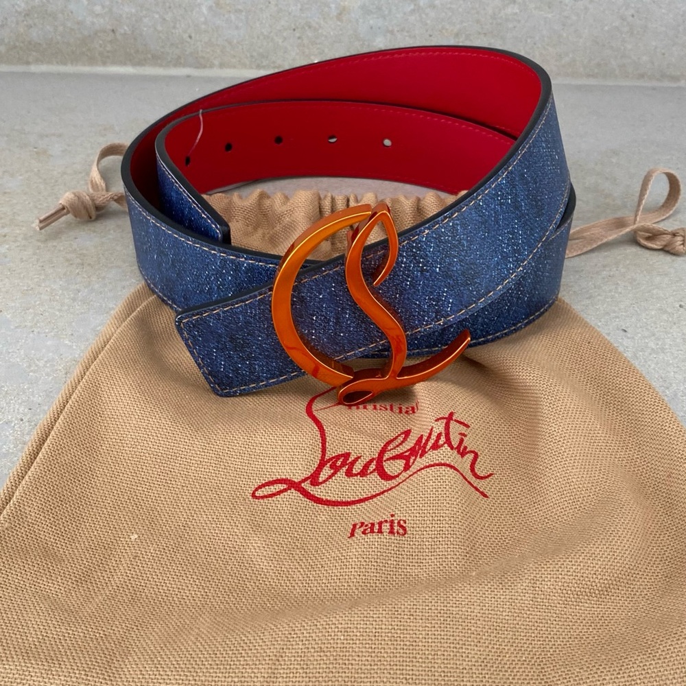 Christian Louboutin CL logo leather belt denim print. Wore twice!